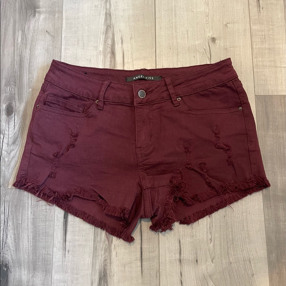 Angel Kiss Burgundy Distressed Denim Shorts